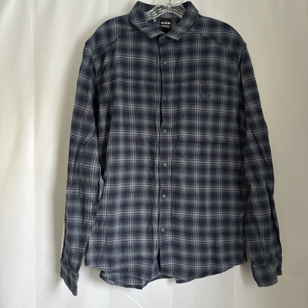 Under Armour Flannel Shirt Mens Size XL Blue Gray Long‎ Sleeve Snap Button Plaid